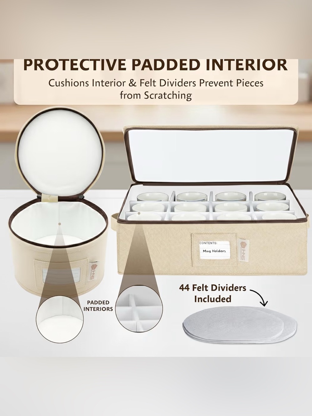 Beige Padded Mug and Dish Storage Box - Beige
